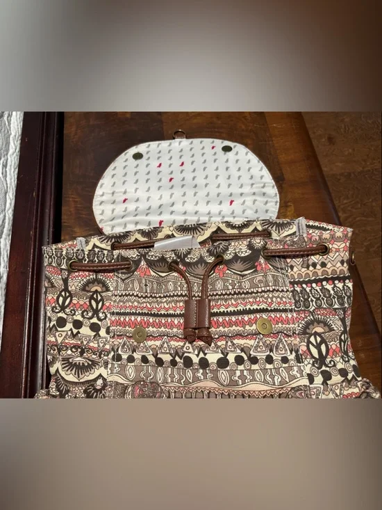 Sakroots Beige & Brown Patterned Canvas Backpack with Pink Accents - Picture 4 of 6